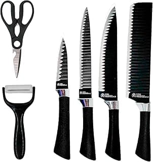 Conjunto de Facas de Cozinha 6 Peças com Tesoura e Descascador, Preto, Aço Inox