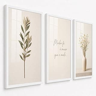 Kit 3 Quadros Decorativos Religiosos com Folhagem, Frase e Flores em Vaso