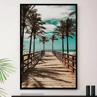 Quadro decorativo A3 de praia brasileira com passarela de madeira e palmeiras