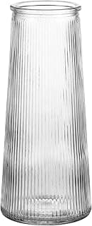 Vaso de vidro transparente com estrias verticais, boca larga, para decoração.