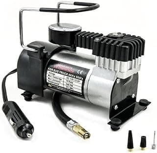 Mini compressor de ar veicular portátil 12V 150 PSI, preto e prata, fundo branco