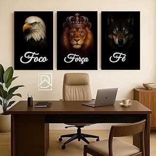 Kit 3 Quadros Decorativos Motivacionais Foco Força Fé, Leão Águia Lobo, Arte Moderna, Impressão Alta Definição, Preto e Marrom