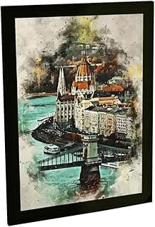 Quadro Decorativo A4 Budapeste Hungria Viagem Turismo Europa - Pintura aquarela com edifícios históricos e ponte sobre rio