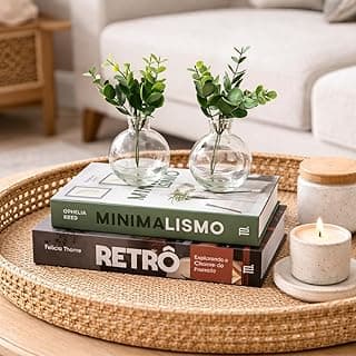 Kit Livros Decorativos Mesa de Centro com Vasos de Vidro e Plantas Verdes