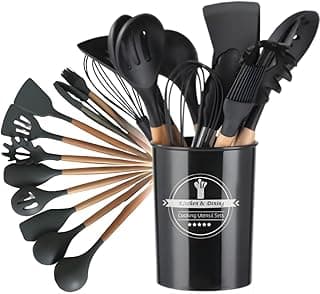 Kit de utensílios de cozinha em silicone com cabos de madeira, 12 peças, preto, com design antiaderente.