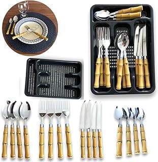 Kit Jogo De Faqueiro E Talheres 17 Peças Aço Inox Com Cabo De Plástico Em Formato de Bambu