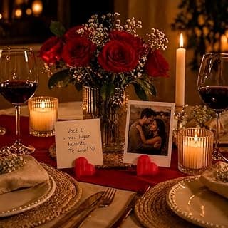 Decoração romântica de mesa com velas, vinho e porta retrato de coração vermelho