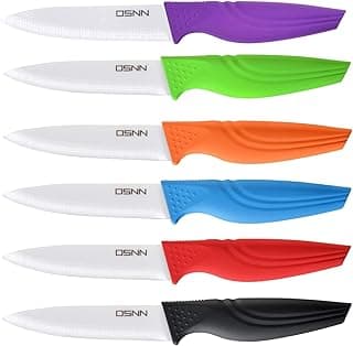 Conjunto de seis facas de cerâmica com cabos coloridos e lâminas brancas, marca DSNN.