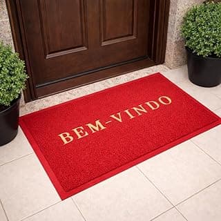 Tapete vermelho antiderrapante com a frase 'BEM-VINDO' em letras brancas para entrada de casa