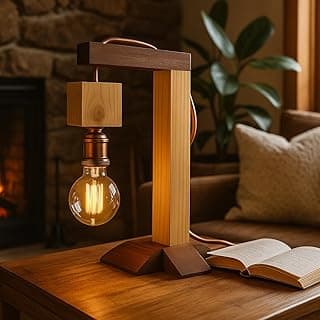 Luminária de mesa rústica em madeira com luz incandescente acesa, estilo industrial minimalista