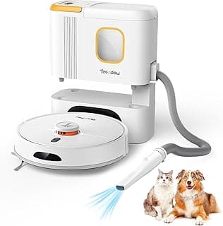 Aspirador robô branco com base de esvaziamento automático, ao lado de um gato e um cachorro.