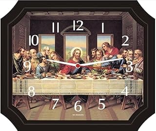 Relógio de parede retangular com cena da Última Ceia, Jesus Cristo e apóstolos à mesa, números romanos, moldura preta, tons de marrom e bege.
