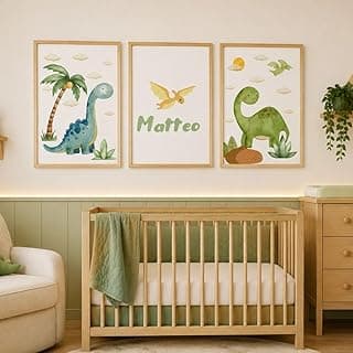 Kit 3 Quadros Decorativos Infantil Dinossauro Personalizado com nome Quarto Bebê Menino Moldura Pinus Madeira Com Vidro 33x43cm Grande