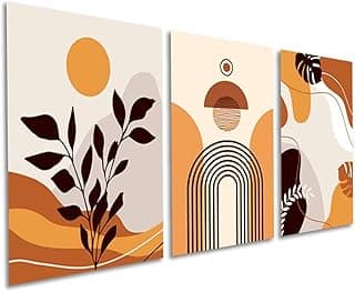 Quadros decorativos abstratos orgânicos com tons terrosos em estilo boho, fundo laranja-claro, plantas estilizadas, arcos e elementos abstratos.