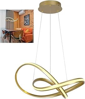 Lustre pendente LED dourado com design de arco infinito para hall de entrada e recepção.