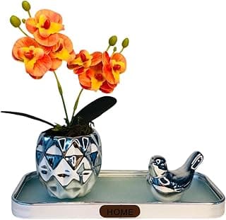 Arranjo Decorativo com Orquídea Artificial 20cm, Vaso Prateado Geométrico, Bandeja e Pássaro Decorativo, Cor Laranja