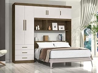Kit Guarda Roupa de Casal Marrom Off White Espaçoso com Cabeceira Baú 5 Portas 3 Gavetas e Prateleira Linha Luxo