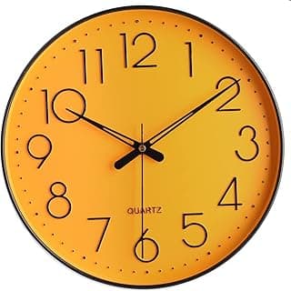 Topkey Relógio de parede 30,5 cm silencioso sem tique-taque relógio de parede decorativo redondo relógio de parede para escritório, sala de estar, quarto, cozinha (bateria não incluída) amarelo