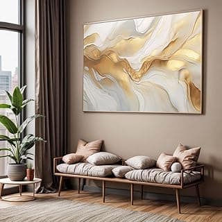 Quadro abstrato dourado e branco com moldura para decoração de sala ou quarto