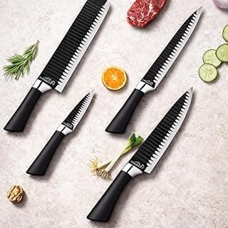 Kit de facas de cozinha com quatro peças, aço inoxidável, cabo preto, lâminas onduladas