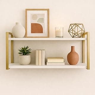 Prateleira Suspensa Nicho Estilo Industrial 35x25x60cm 100% MDF Premium e Aço Carbono - Branco e Dourado