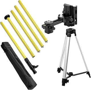 Poste de nível a laser QWORK com tripé, hastes telescópicas amarelas e suporte de montagem preto sobre fundo branco.