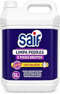 Galão de 5L de Limpa Pedras Saif, fundo branco, rótulo azul e branco com informações sobre o produto.