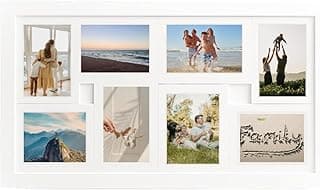Painel de fotos branco com 8 fotos de 10x15 cm, ideal para decoração de sala.