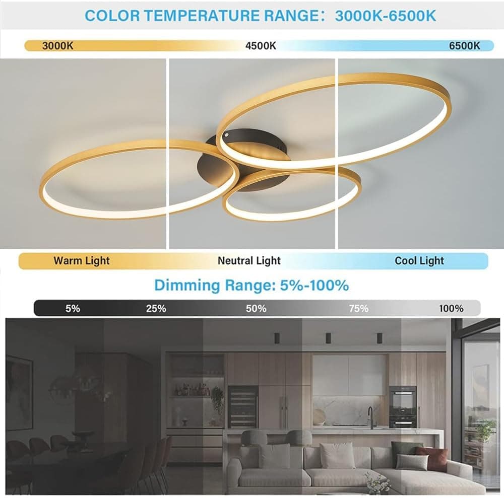 Luminária de teto LED moderna de 54W/66W com dimmer e controle remoto. Lustre de teto embutido com 3 anéis para sala de estar, sala de jantar, cozinha e quarto.
