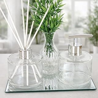 Kit de lavabo em vidro com vaso decorativo e bandeja de vidro, recipientes de sabão e palitos brancos