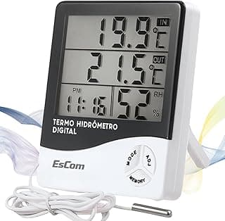 Termômetro digital e higrômetro branco e preto com tela digital mostrando temperatura e umidade