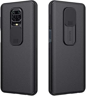 Capa protetora Nillkin CamShield Pro Slim para Xiaomi Redmi Note 9 Pro, com acabamento em carbono e recortes para câmera e botão, em fundo branco.