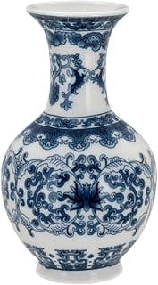 Vaso de cerâmica azul e branco com design floral - 14x8x8cm