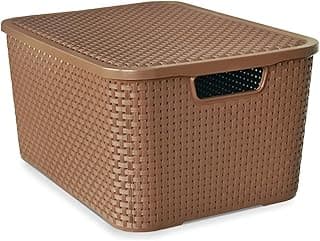 Caixa organizadora plástica marrom estilo rattan com tampa, 20 litros, frontal