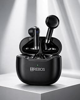 Fone de ouvido sem fio preto com microfone e estojo carregador H REBOS