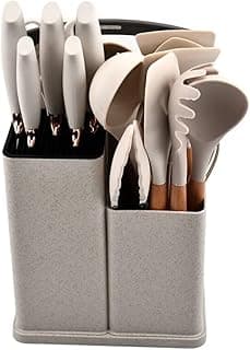 Utensílios de cozinha cinza e branco em compartimentos cinzas com fundo branco