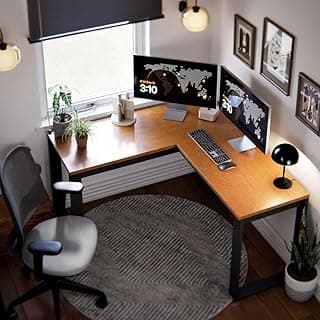 Escrivaninha de canto em L cinámomo e preta para home office, mesa moderna com teclado, mouse e monitores