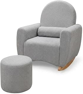 Poltrona Lara com Balanço e Puff, Linho Cinza, 96 x 82 x 72 cm, Conjunto para Quarto de Bebê
