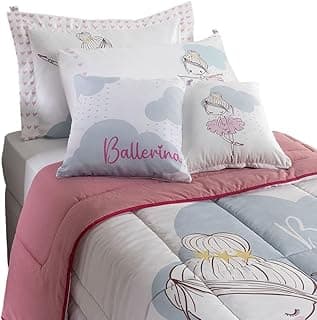 Kit 5 Pçs Edredom Solteiro Infantil e Juvenil Feminino Estampado Ballerina Rosa com Porta Travesseiro Fronha e Capas de Almofadas