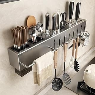 Suporte de parede multiuso para cozinha em metal com 8 ganchos, organizador de utensílios e talheres