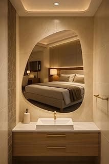 Espelho decorativo orgânico oval acima de pia de banheiro