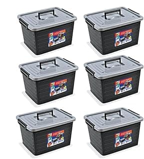 Kit de 6 caixas organizadoras pretas de 35 litros com tampas cinza e alças de transporte