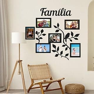 Painel decorativo de parede com árvore genealógica em MDF preto para seis fotos
