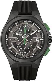 Relógio Bulova Maquina com mostrador preto e detalhes em verde, pulseira de borracha preta, fundo branco