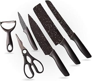 Conjunto de facas de cozinha com seis peças, faca serrilhada, faca de churrasco e descascador, cabos pretos, lâminas pretas e prateadas