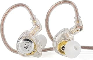 Fones de ouvido KZ EDX PRO com design transparente e detalhes metálicos, ângulo frontal, fundo branco