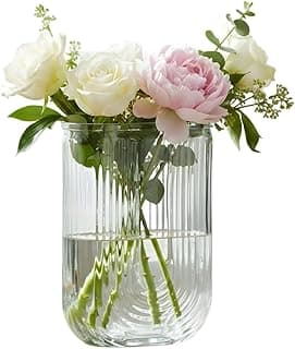 Vaso decorativo de vidro transparente 18cm em forma de U com flores artificiais brancas e rosas