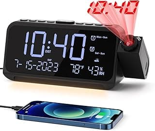 Despertador digital grande com projetor de 350°, mostrando 10:40, conectado a um smartphone