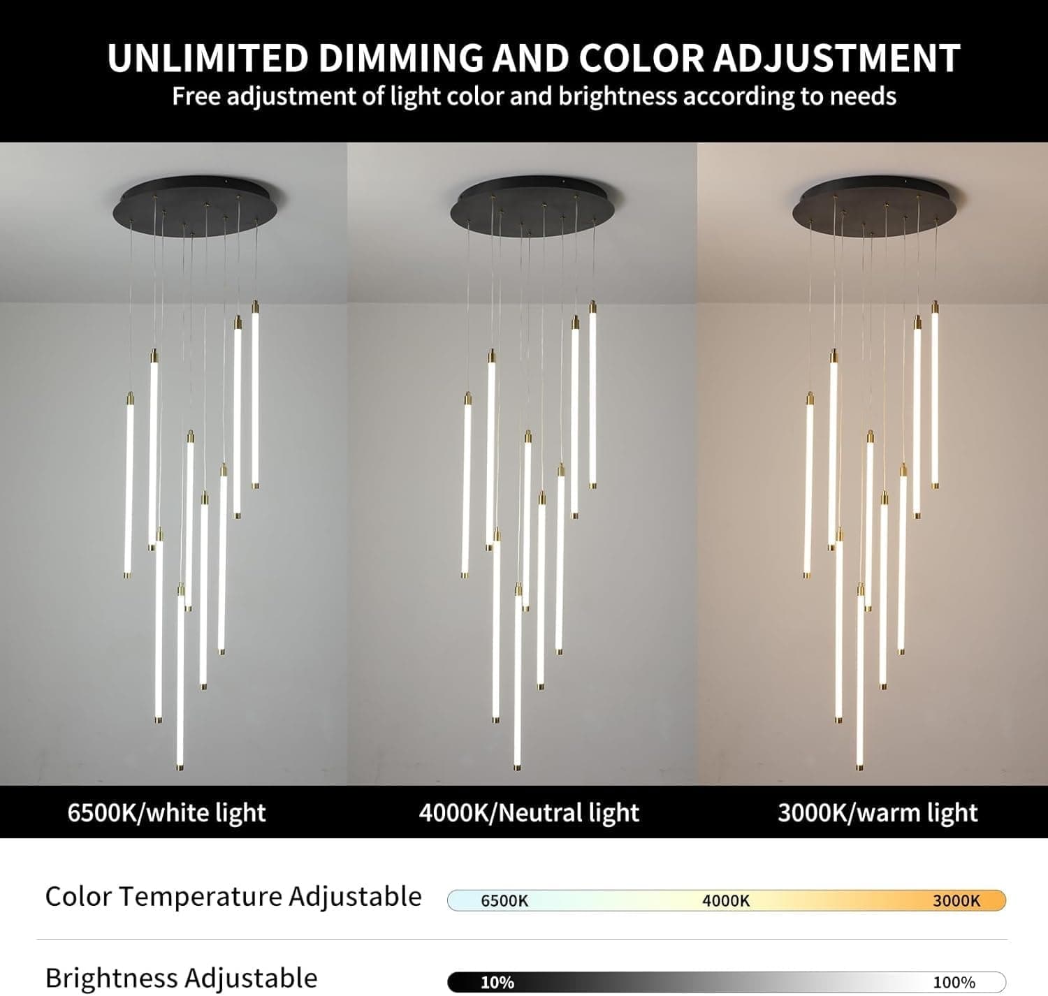 Lustre LED para Escada com 9 Luzes Preto Controle Remoto e Regulagem de Intensidade