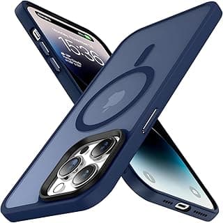Capa protetora transparente e fosca azul para iPhone 15 Pro, anti-impacto, mostrando a parte frontal e traseira do smartphone com logotipo da Apple.